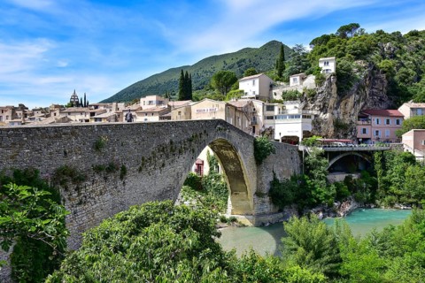 The Pont de Nyons, medieval stone arch bridge over the river Eygues in the municipality of Nyons in