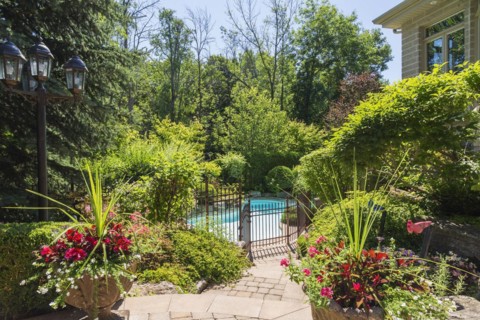 In-ground swimming pool surrounded by copper coloured wrought iron metal security fence and various