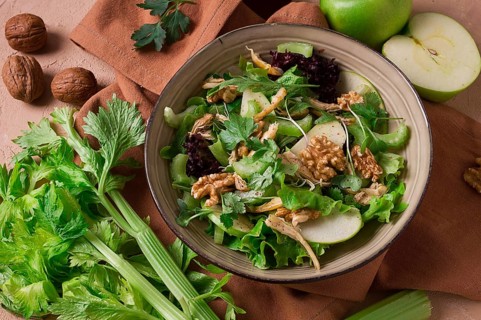 Fresh, Waldorf salad, celery stalk with chicken, apple and walnut, grapes, herbs, homemade, no