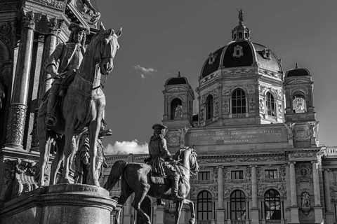 Equestrian statues at the Maria Theresa Monument, behind the Natural History Museum, black and