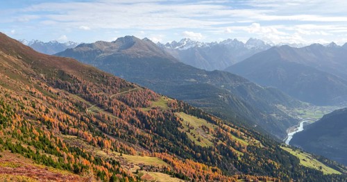 View of the mountain panorama and the Upper Inn Valley in the morning light, Krahberg on the Venet