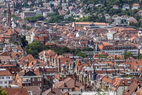 City view of Stuttgart. View of the roofs and facades of Stuttgart-Süd with Liststraße and
