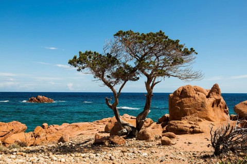 Red rocks and sea, Spiaggia di Coccorocci, near Tertenia, Province of Ogliastra, Sardinia, Italy,