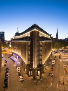 Aerial view of the Kontorhaus Chilehaus in Hamburg's Kontorhaus district at the blue hour, Hamburg,