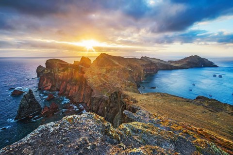 Madeira Island scenic rugged landscape, Ponta do Sao Lourenco cape on sunrise, Abismo viewpoint.