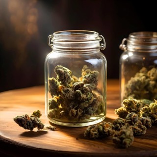 Glass jar filled with dried cannabis buds on a weathered wooden counter, AI generated