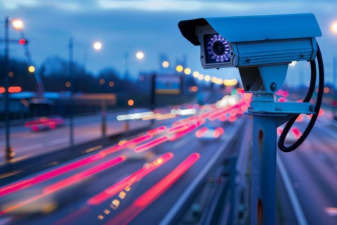 A surveillance camera, CCTV, traffic monitoring on a motorway, blue hour, light traces, AI