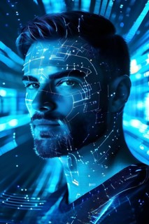 3d digital facial recognition displaying a male face with overlaid ai biometric data, AI generated