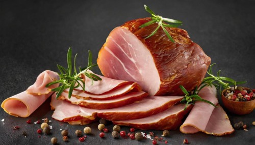 Food, meat, smoked ham in pieces and slices, AI generated, AI generated