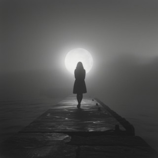Silhouette of a lonely, sad woman on a concrete footbridge on a foggy full moon night, symbolic