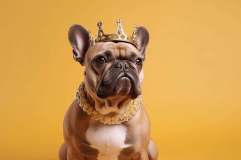 Spoiled fawn French Bulldog dog with golden crown and necklace on yellow background. KI generiert,