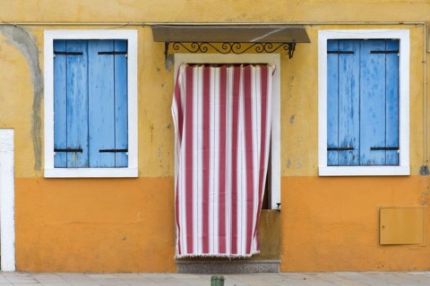 Colourful windows and front door of a house, Burano, Veneto, Italy, Europe
