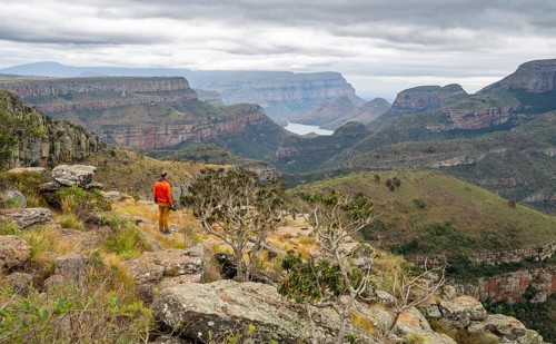 Tourist at Lowveld Viewpoint, View of the Blyde RIver Gorge, Canyon landscape, Blyde River Canyon,