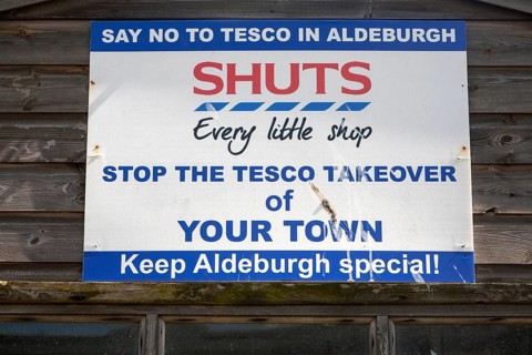 Poster sign protest against possible Tesco store in Aldeburgh, Suffolk, England, United Kingdom,