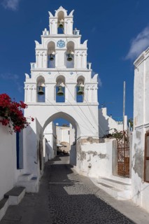 Santorini, Megalochori, bell tower of the Church of the Virgin Mary, Cyclades, Greece, Europe