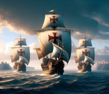 The caravels of Christopher Columbus, Christopher Columbus or Cristóbal Colón off the American