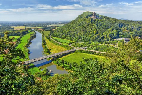 Weser breakthrough into the North German Plain with Kaiser Wilhelm Monument, Porta Westfalica,