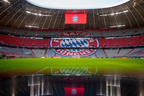 Stadium interior, pitch, scoreboard, FC Bayern Munich FCB logo, empty, reflection, Champions