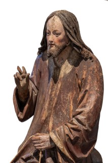 Detail of Christ, Palmesel, wooden figure from around 1520, on a white background, Diözesan Museum,