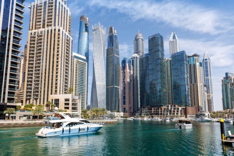 Dubai Marina skyline skyscrapers waterfront buildings in Dubai, United Arab Emirates, Asia