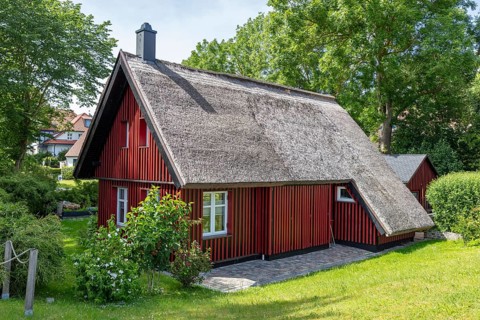Traditional red country house with thatched roof in a green garden area, Rügen, Hiddensee