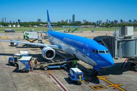 Buenos Aires, Argentina, Boeing 737 MAX aeroplane of the airline Aerolineas Argentinas is loaded