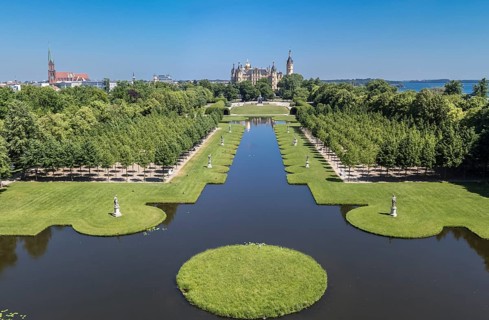 Panorama aerial view of castle Schwerin, castle grounds, lake, Schwerin, Germany, Europe