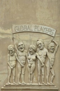 Sculpture Ludwig's Legacy by Peter Lenk 2003 from left, Hans Eichel, Gerhard Schröder, Angela