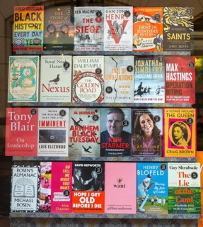 Waterstones bookshop shop window display of non-fiction books, Ipswich, Suffolk, England, UK