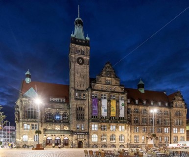 The New Chemnitz City Hall, city administration in the evening. Advertising banner for the European