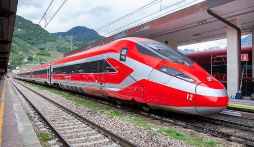 Trenitalia Frecchiarossa high-speed train at Bolzano station, Bolzano, Trentino-Alto Adige. Italy