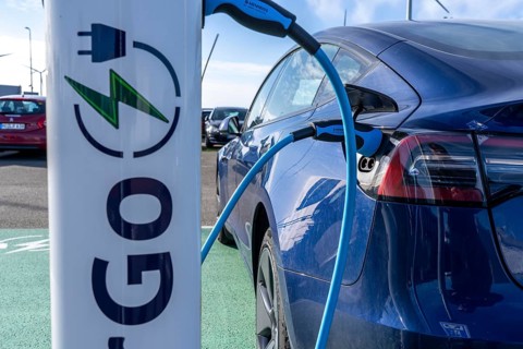 Electric car fast charging station, from the Dutch provider PowerGo, in the ferry harbour of