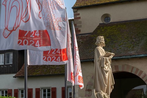 Mittelzell, Reichenau Island, Lake Constance, Statue of St Mark, Cathedral of St Mary and St Mark,