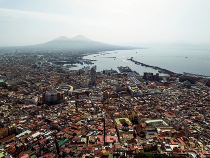 Drone view of Naples and Vesuvius from Castel Sant'Elmo, Campania, Italy, Europe