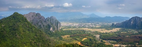 Panorama of Vang Vieng and the Kart landscape from Pha Ngern View Point, Vientiane Province, Laos,