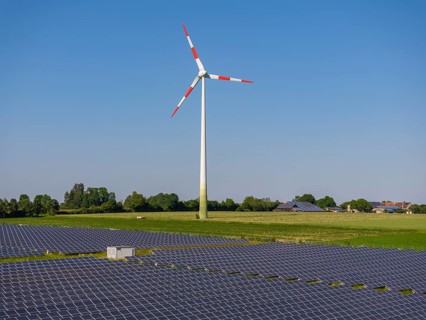 PV system in the solar park, wind turbine on the Swabian Alb. Neuselhalden wind farm near Steinheim