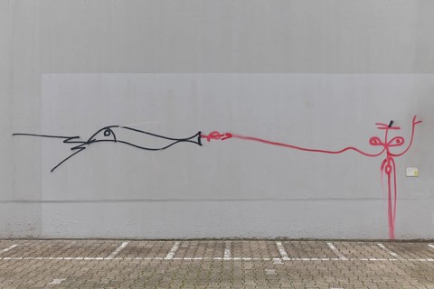 Stick figure and fish, abstract figures, line drawing by street artist Harald Naegeli, sprayer from