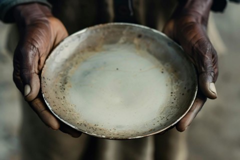 Black person's hand holding empty plate. KI generiert, generiert, AI generated