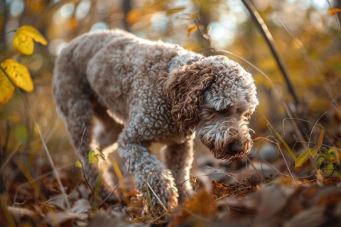 Lagotto Romagnolo dog searching for truffles in forest. Generative Ai, AI generated