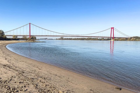 View from the left bank of the Rhine, western bank of the Rhine, of an earth-anchored suspension