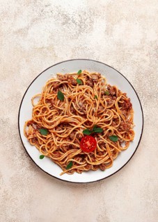Spaghetti Bolognese, top view, close-up, no people, homemade
