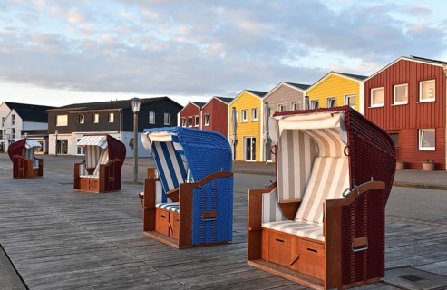Beach chairs in front of the lobster shacks in Heligoland, Schleswig-Holstein, Germany, Europe