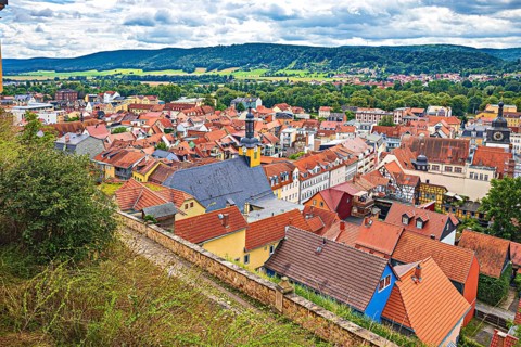 View of the old town centre from Heidecksburg Castle in Rudolstadt, Thuringia, Germany, Europe