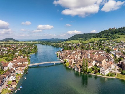 Aerial view of the historic old town of Stein am Rhein, Lake Rhine, Lake Constance, with the Rhine