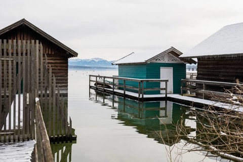 Boathouses with snow in winter, Tutzing, Lake Starnberg, Fünfseenland, Pfaffenwinkel, Upper