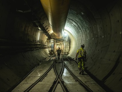 Workers in a tunnel section, construction lot H53 in the Brenner Base Tunnel, Tyrol, Austria,