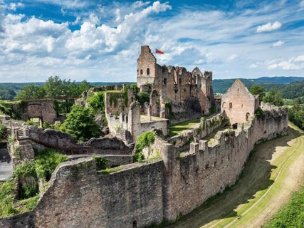 Aerial view of the ruins of Hochburg Castle, also known as Hachberg, 11th century, between