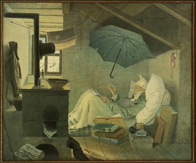 Print of the famous painting The Poor Poet by Carl Spitzweg, 1808, 1885, created in 1839, in