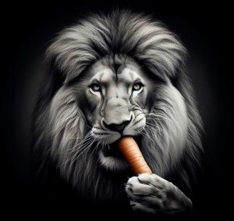 A vegetarian maned lion nibbles a carrot, AI generated, AI generated