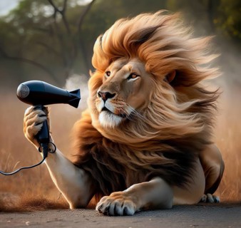 A male lion, a maned lion, blow-dries his hair, his mane, AI generated, AI generated
